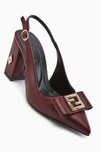 Yupin Burgundy Metal Detailed Closed-Toe Heeled Women's Shoe