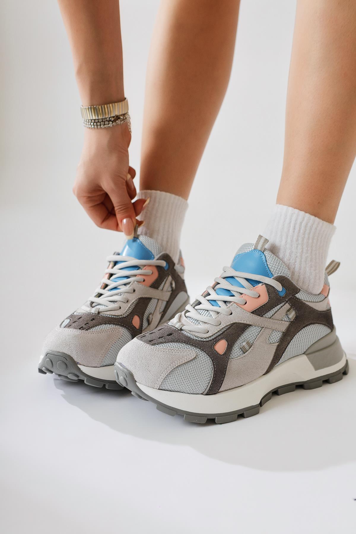 Siska Blue-Grey Lace-Up High Heel Sneakers