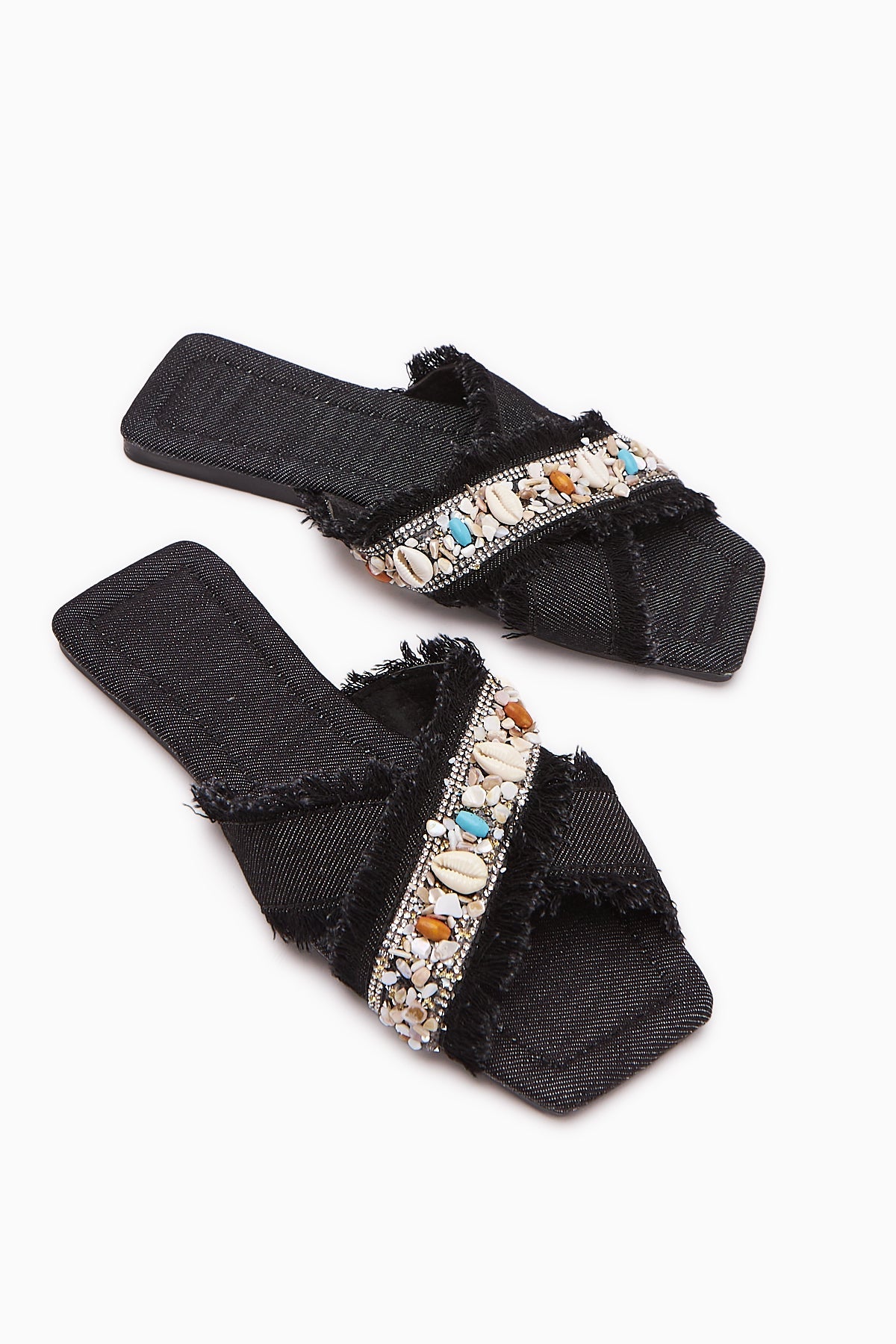 Felisa Black Stone and Sea Shell Embellished Bohemian Women's Slippers