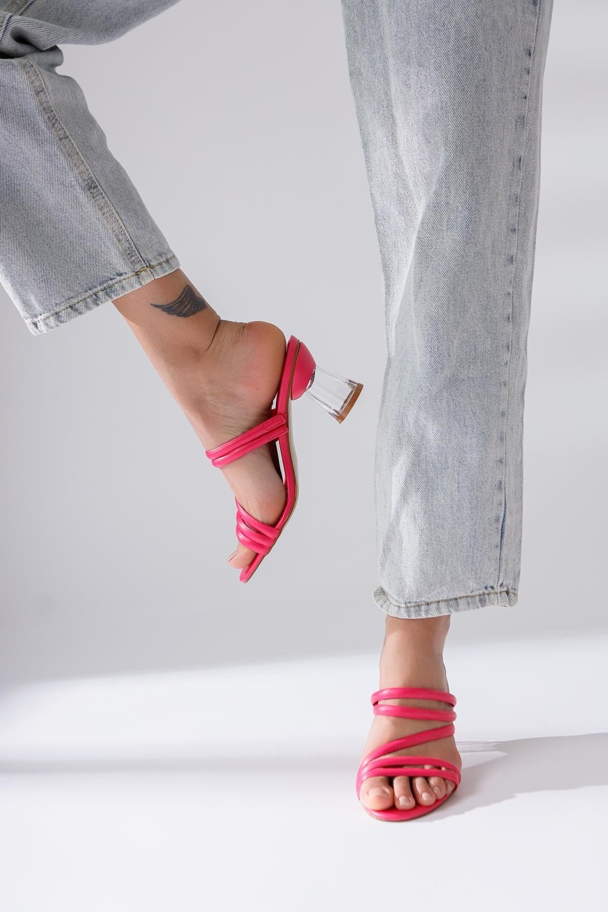 Pam Fuchsia Thin Strap Transparent Heeled Slippers