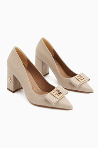 Melly Women's Beige Buckled Chunky Heel Shoe