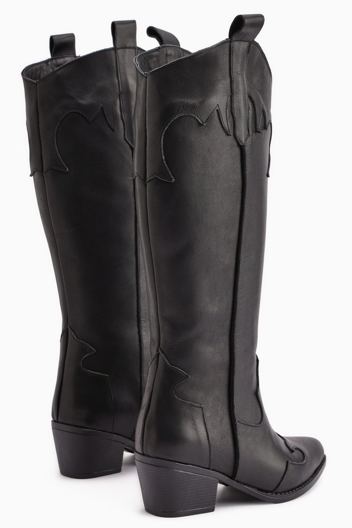 Lara – Schwarz Echtleder kniehoher Stiefel mit Absatz und Western-Detail (Damen)