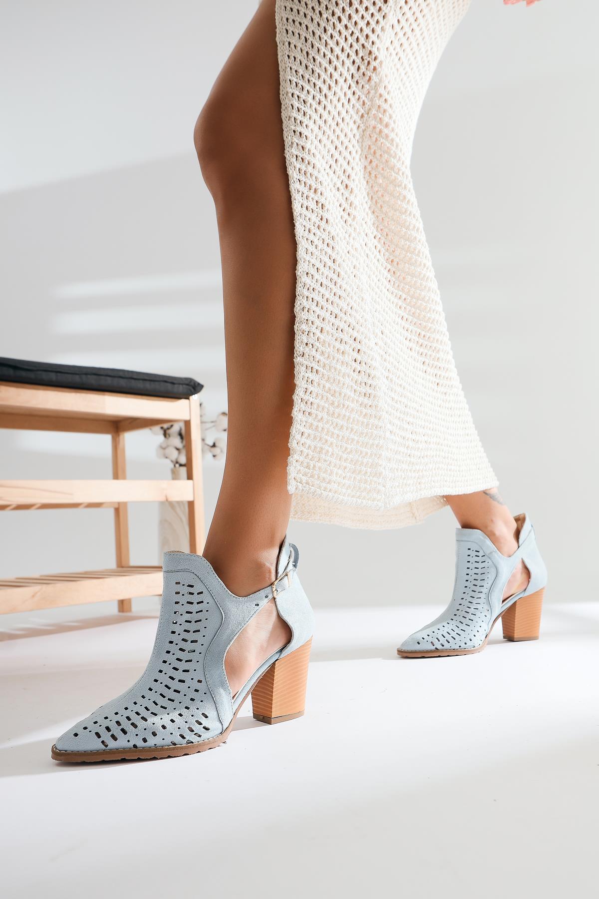 Milagros Blue Pointed Toe Laser Cut Suede Summer Boot