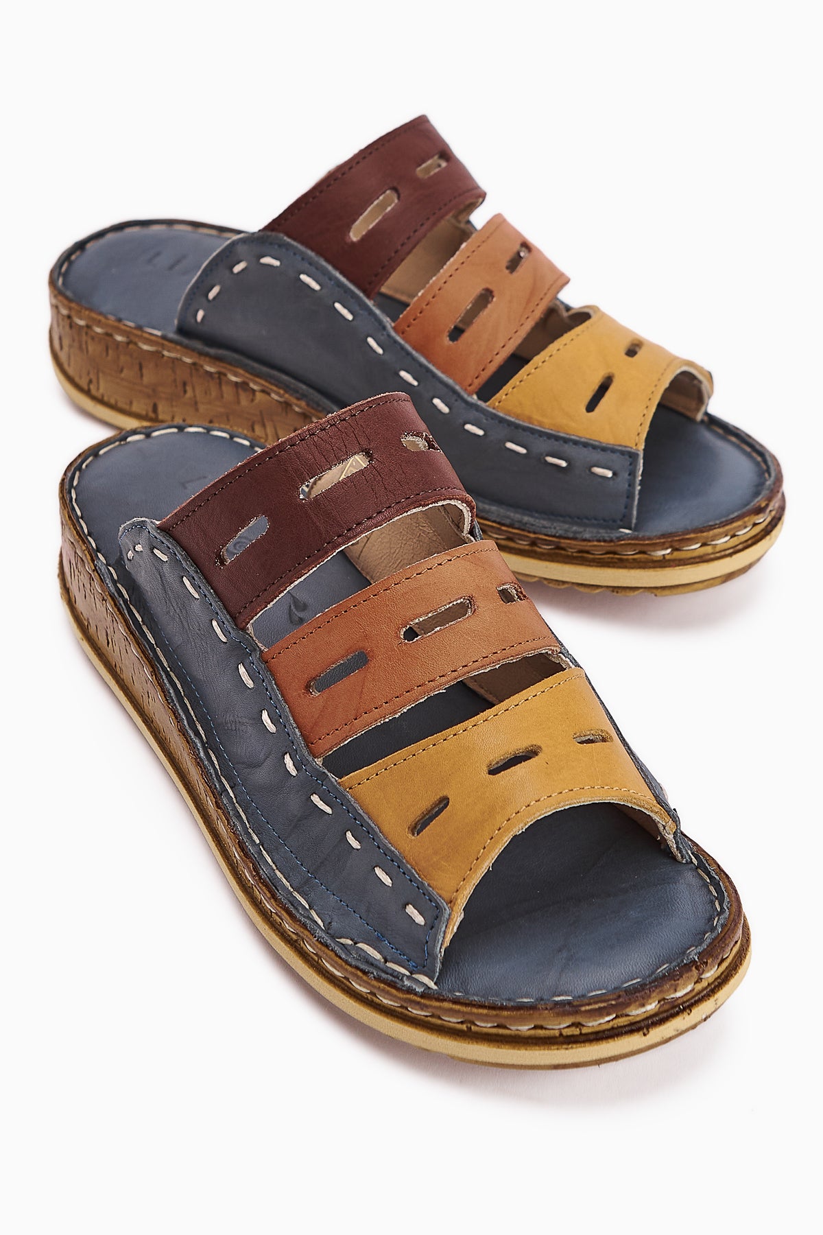 Echtes Leder Joelle Denim Blau Lila Orange Senf Komfort Laser Schnitt Pantoletten