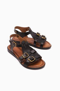 Echtes Leder Desta Schwarz Schnallen Detail Damen Sandale