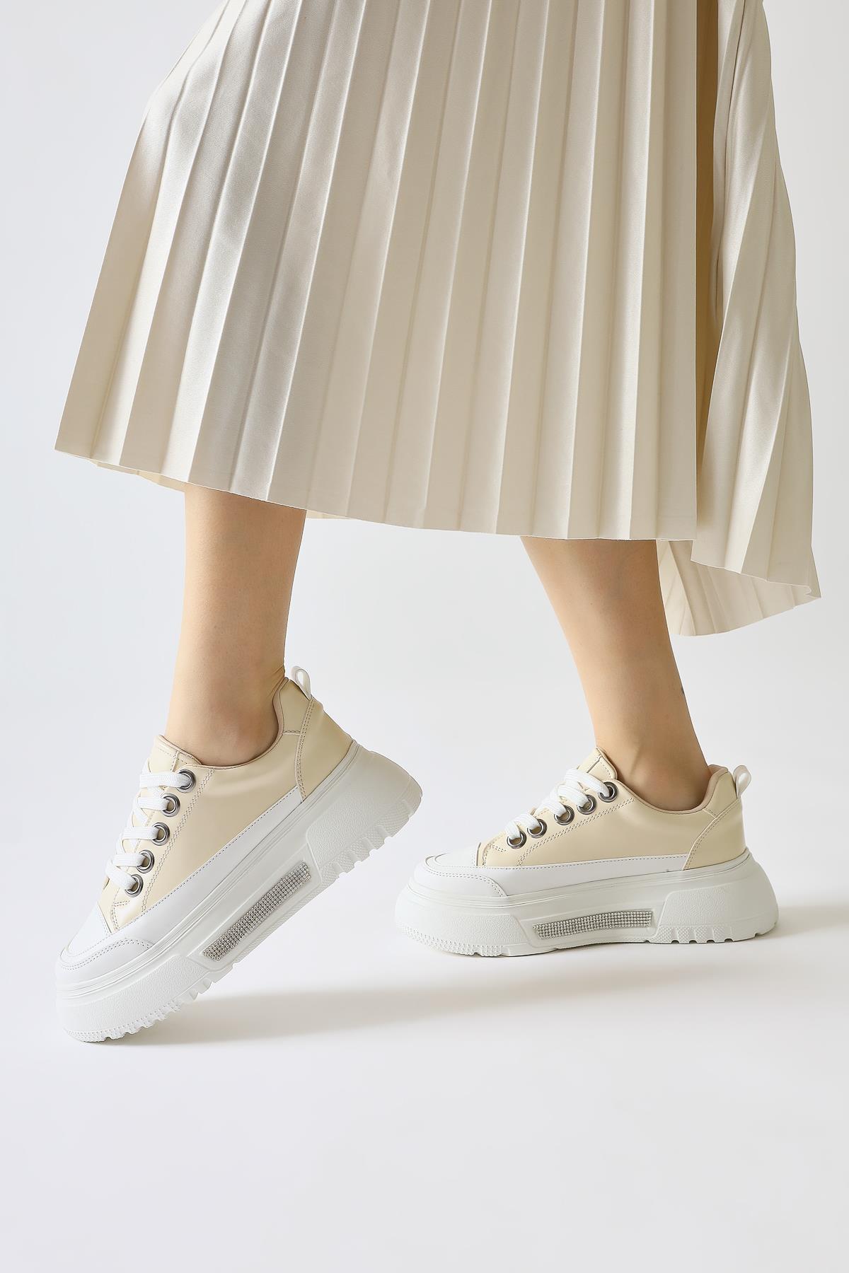 Rosella Beige Thick Soled Stone Detailed Lace-Up Sneakers