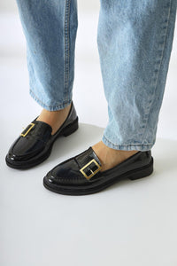 Arnesa Black Patent Leather Buckle Detailed Casual Shoes