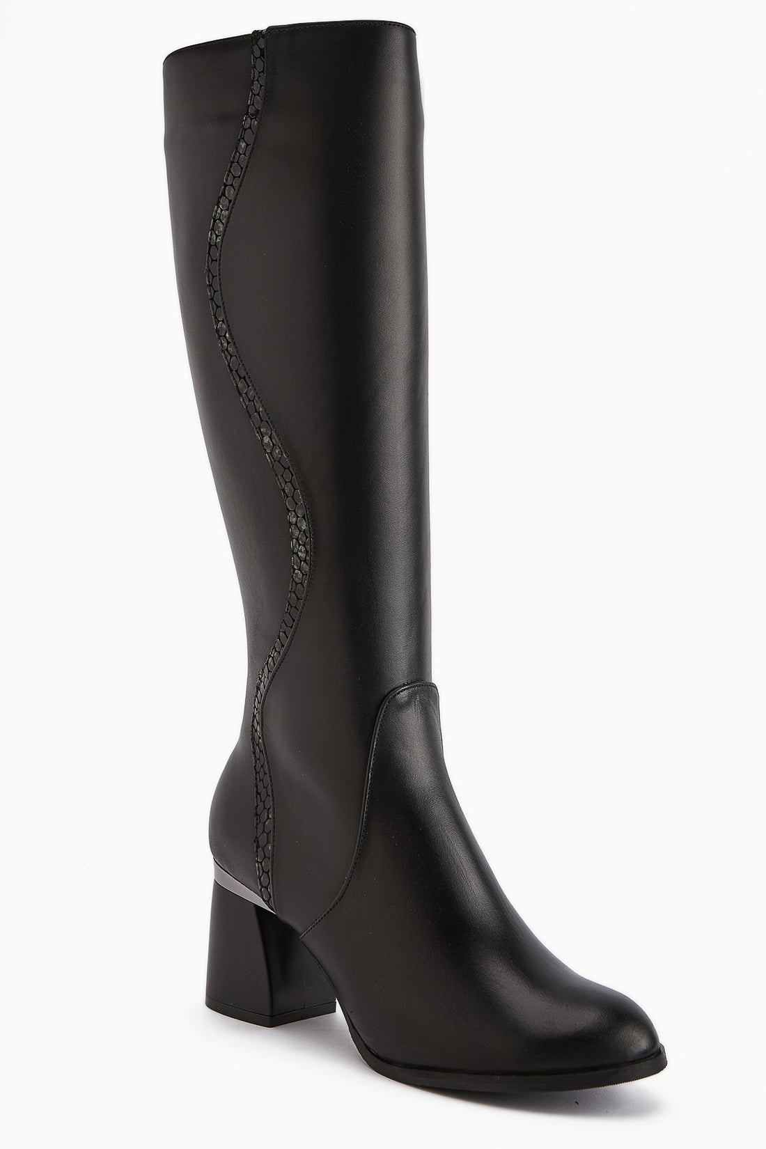 Kaylin Genuine Leather Black Heeled Boot with Snake Pattern Detail