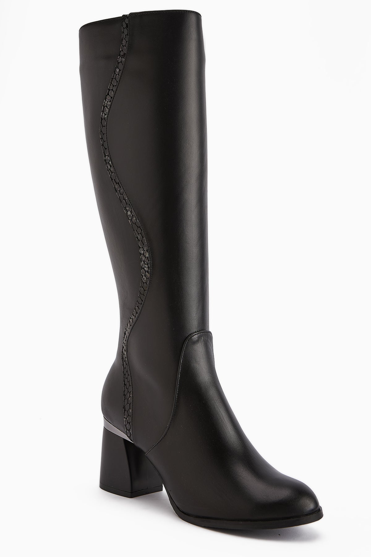 Kaylin Genuine Leather Black Heeled Boot with Snake Pattern Detail