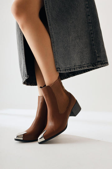 Heda - Cognac Pointed-Toe Metal-Detail Boot (Women)