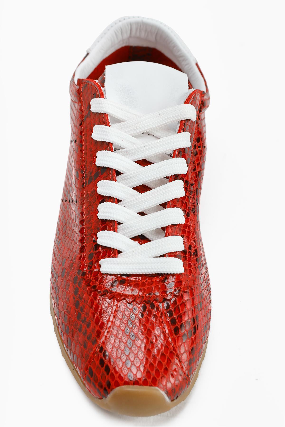 Genuine Leather Alisa Red Crocodile Leather Printed Lace-Up Casual Women's Shoes