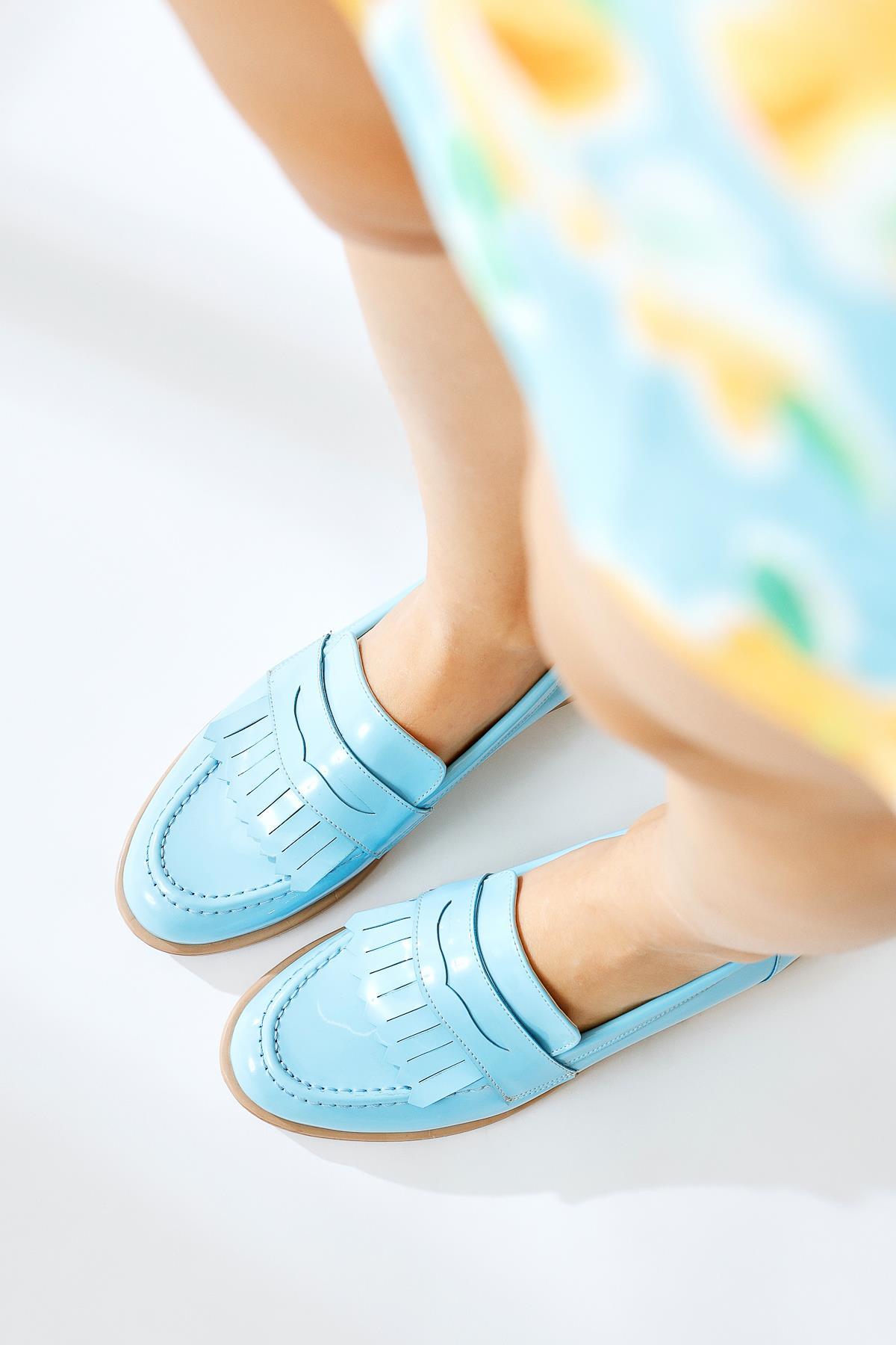 Begona Blue Patent Leather Tassel Detailed Casual Shoes