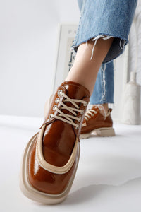 Niven Tan Wrinkled Patent Leather Beige Detailed Loafers