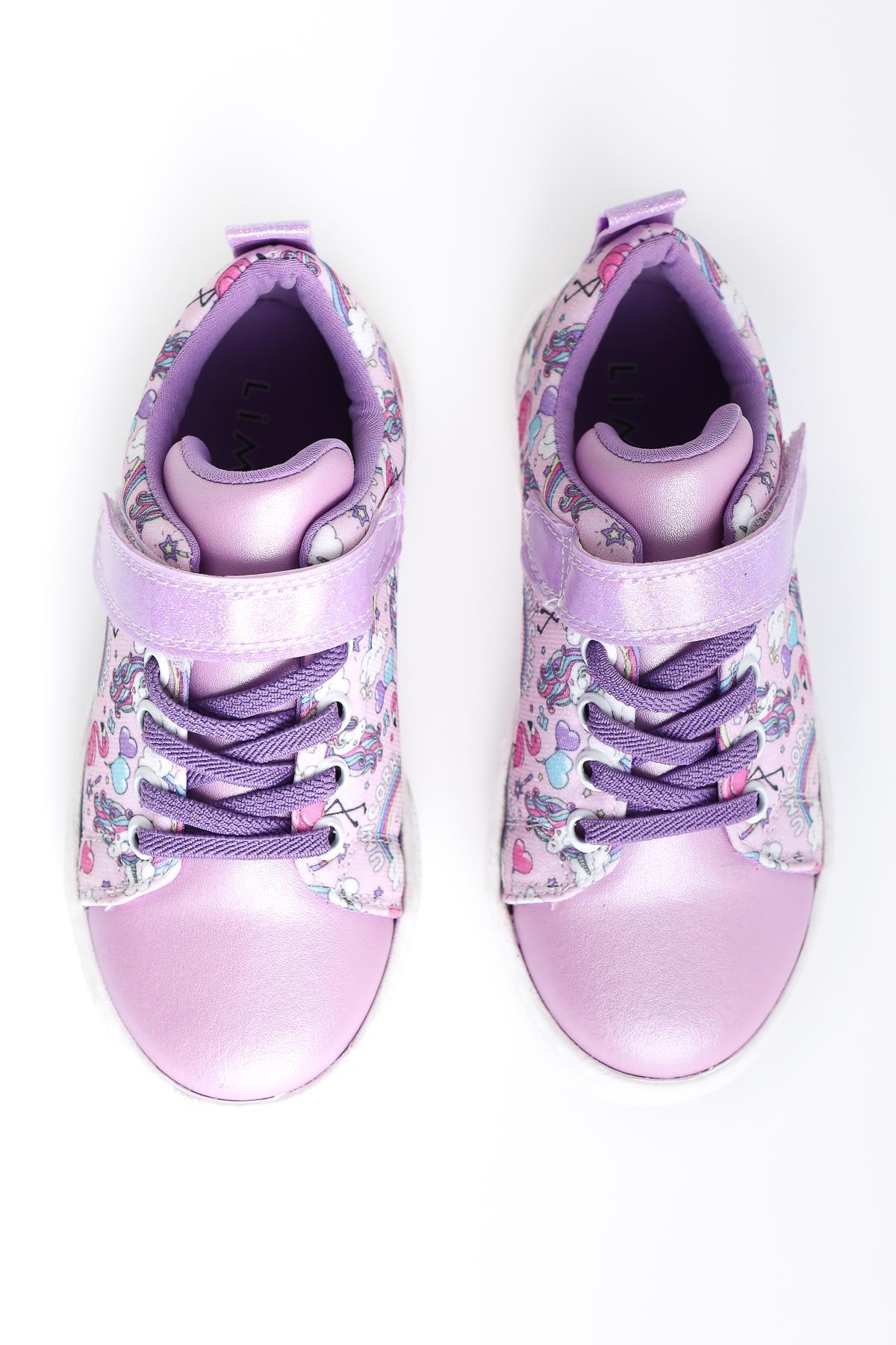 Lana Lila Gestreifter Charakterdruck Schnür-Velcro-Detail Kinder Sportschuh