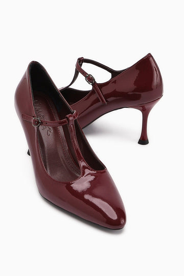 Sania Burgundy Patent Leather Belted High-Heeled Women's Shoe