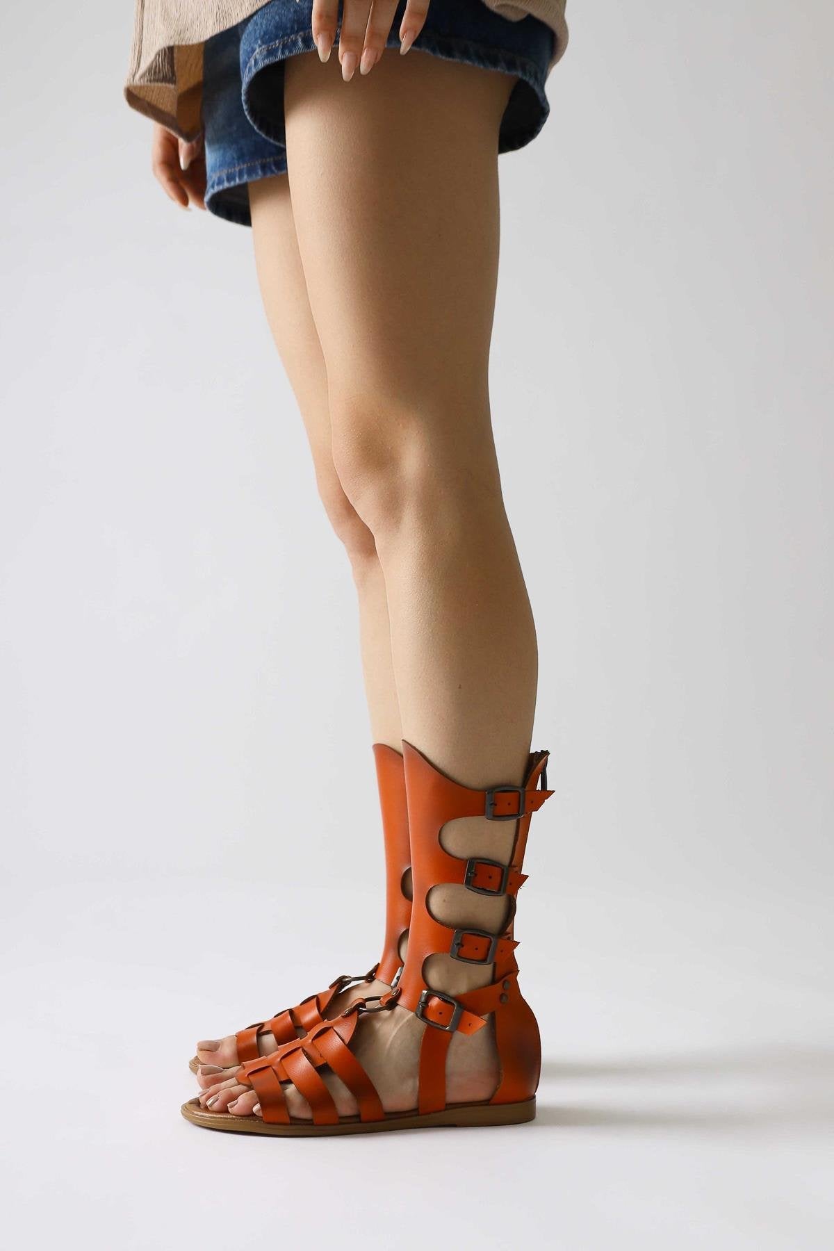 Genuine Leather Baisa Orange Flat Sandals with Buckle Detail