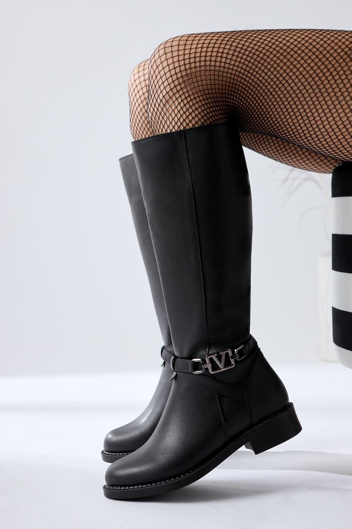 Momena Black Buckle Detail Zippered Low Heel Boots