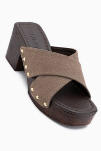 Jamela Beige Kreuzriemen Absatz Damen Pantoletten