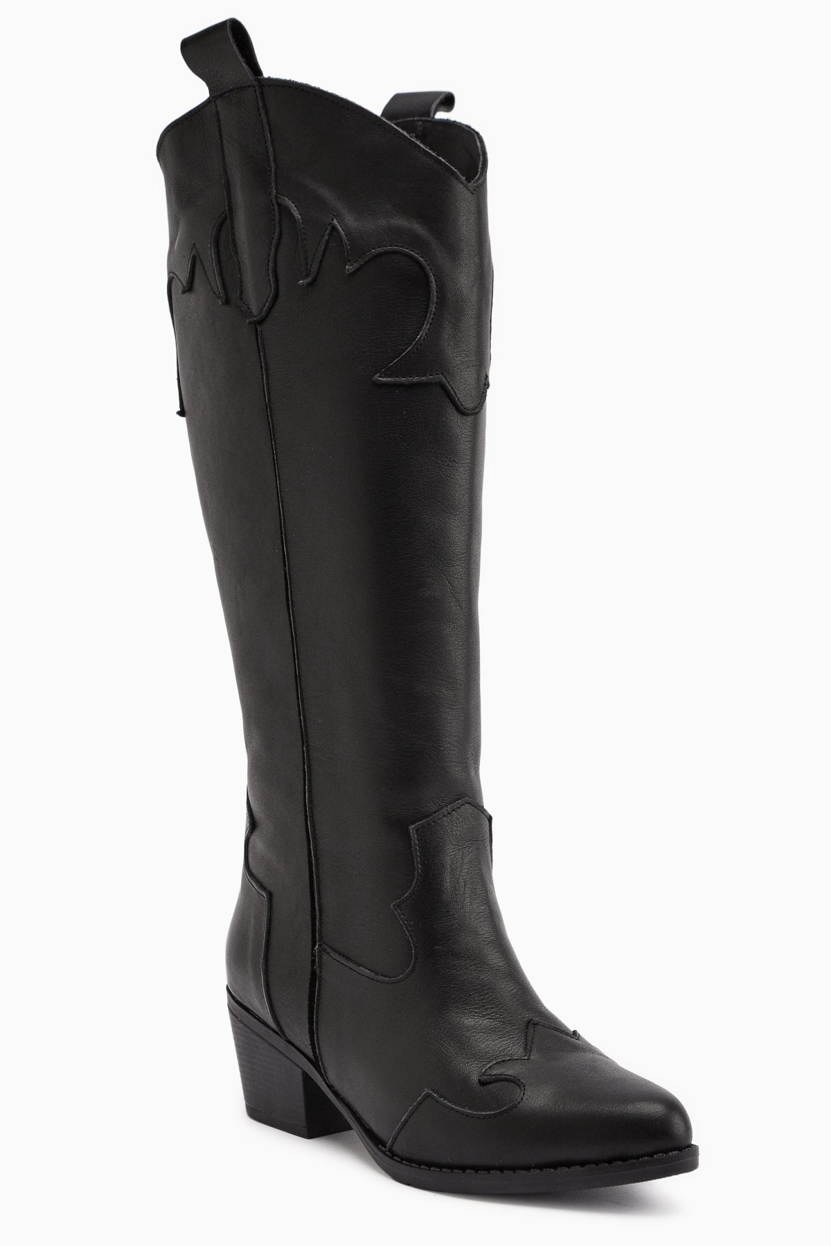 Lara – Schwarz Echtleder kniehoher Stiefel mit Absatz und Western-Detail (Damen)