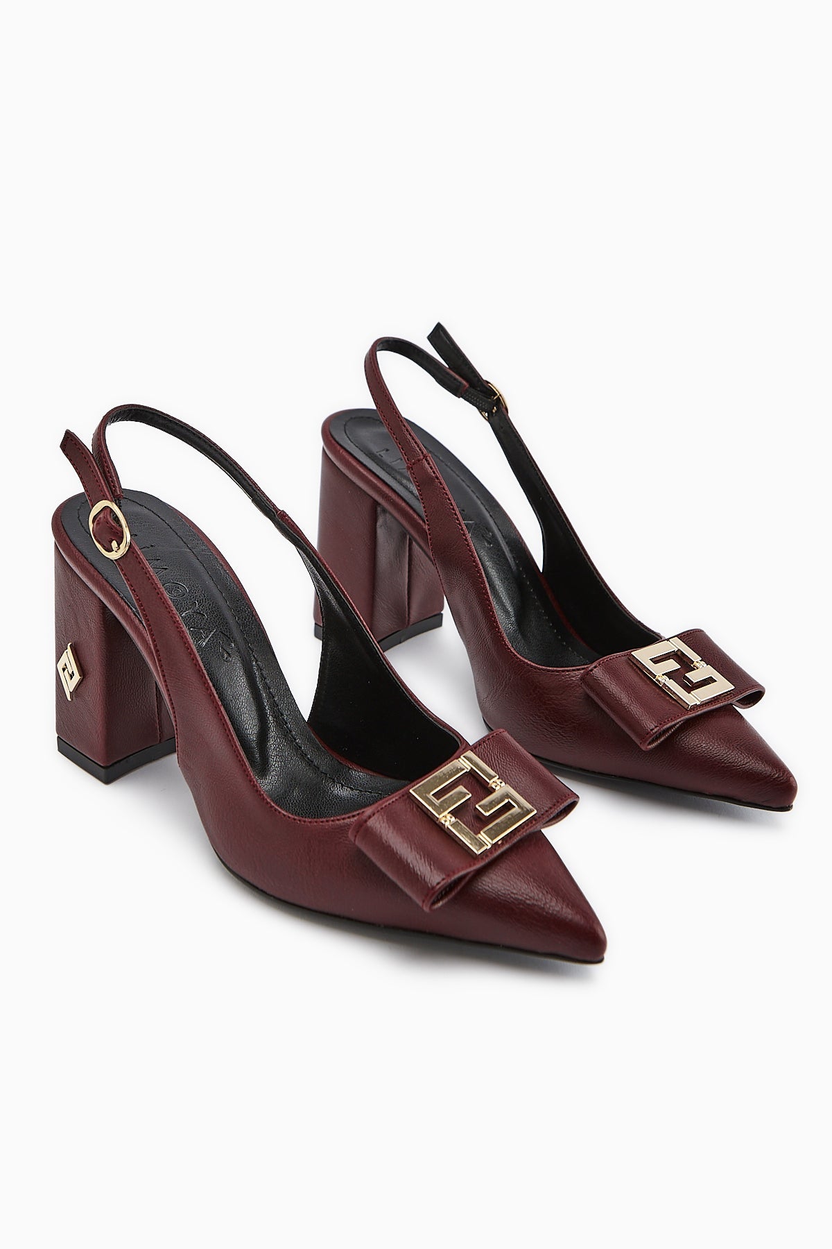 Yupin Burgundy Metal Detailed Closed-Toe Heeled Women's Shoe