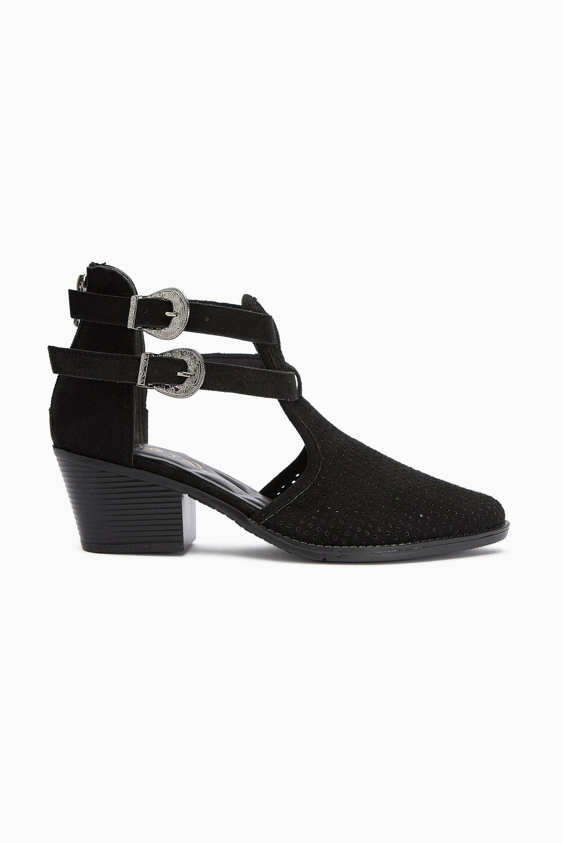 Carin Schwarzes Wildleder Damen Sommerstiefel mit Schnallen-Detail und Rückenreißverschluss