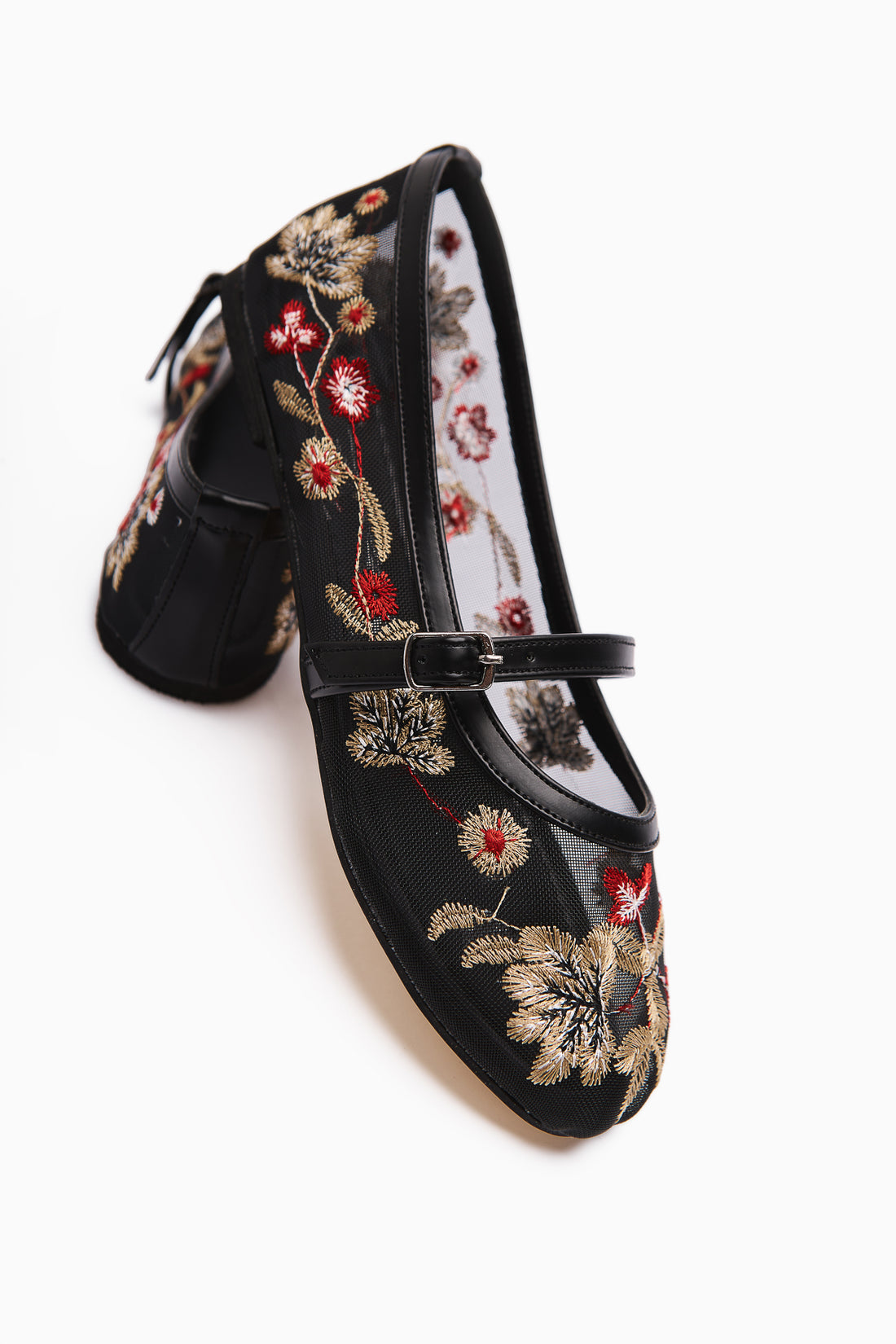 Jolin Black Embroidered Buckled Women's Ballerinas