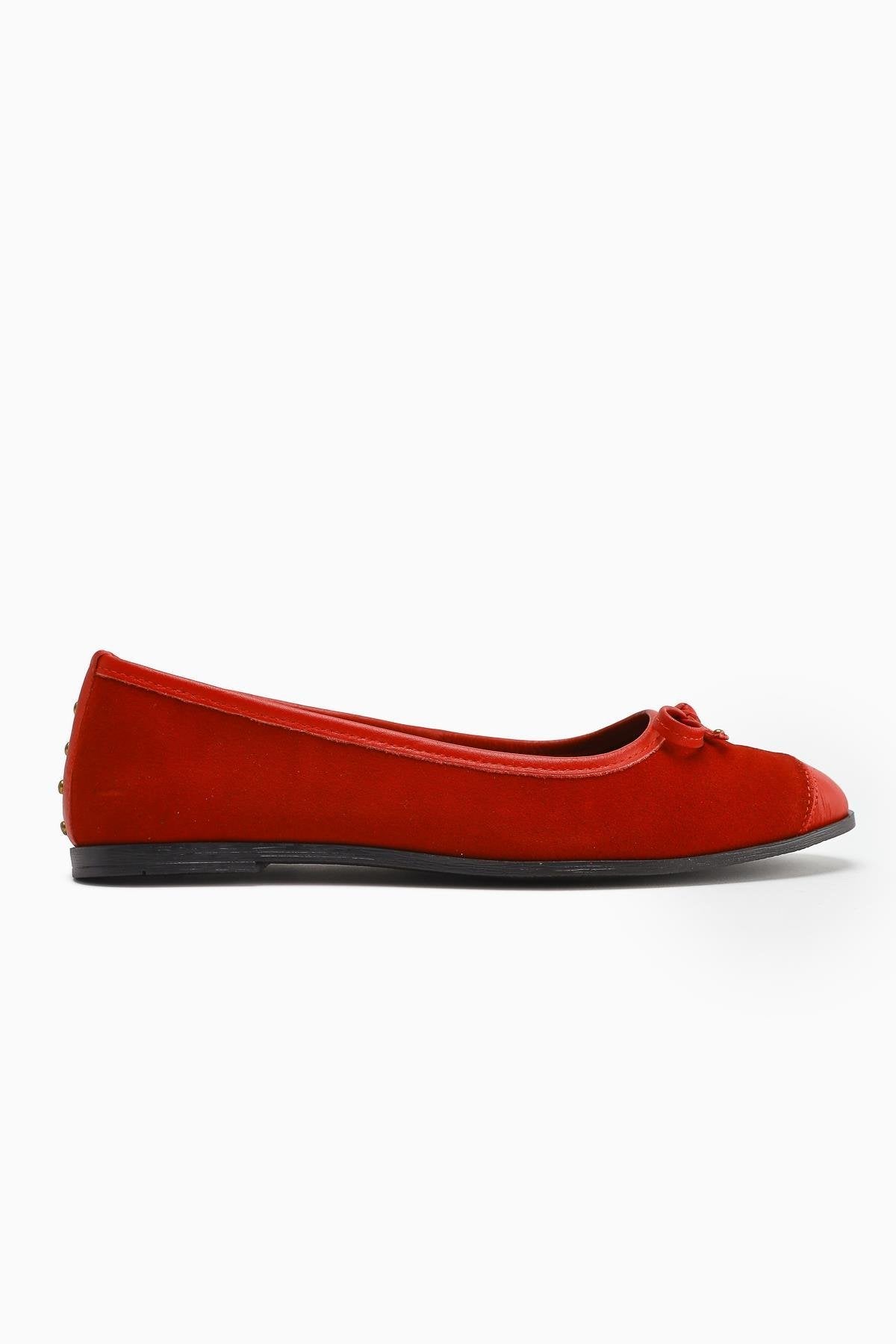 Genuine Leather Alfreda Red Suede Leather Detailed Bow Women's Ballerinas