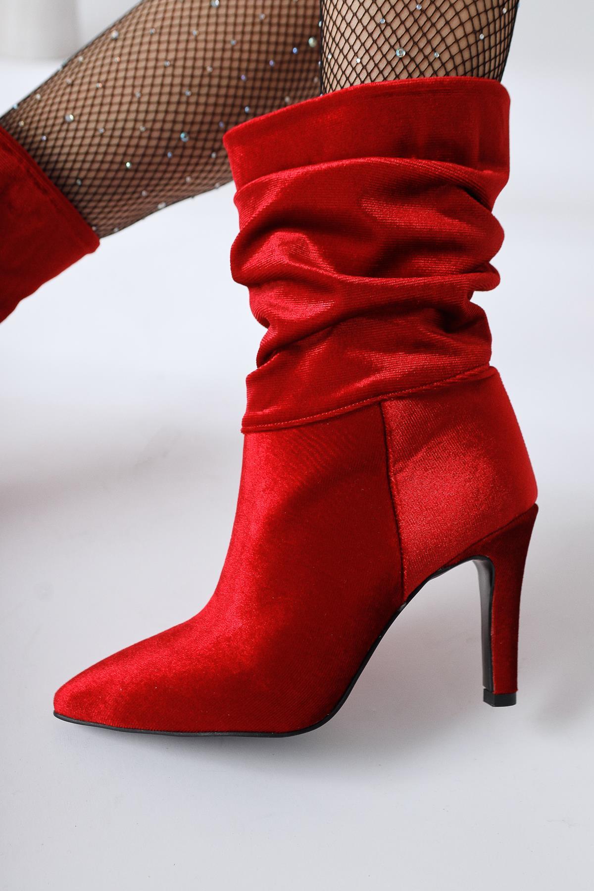 Wilma Red Velvet Gusseted Stiletto Heel Boots