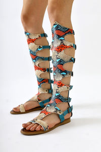 Echtes Leder Lilith Türkisfarbig Schlangenledermuster Damen Gladiator Sandale