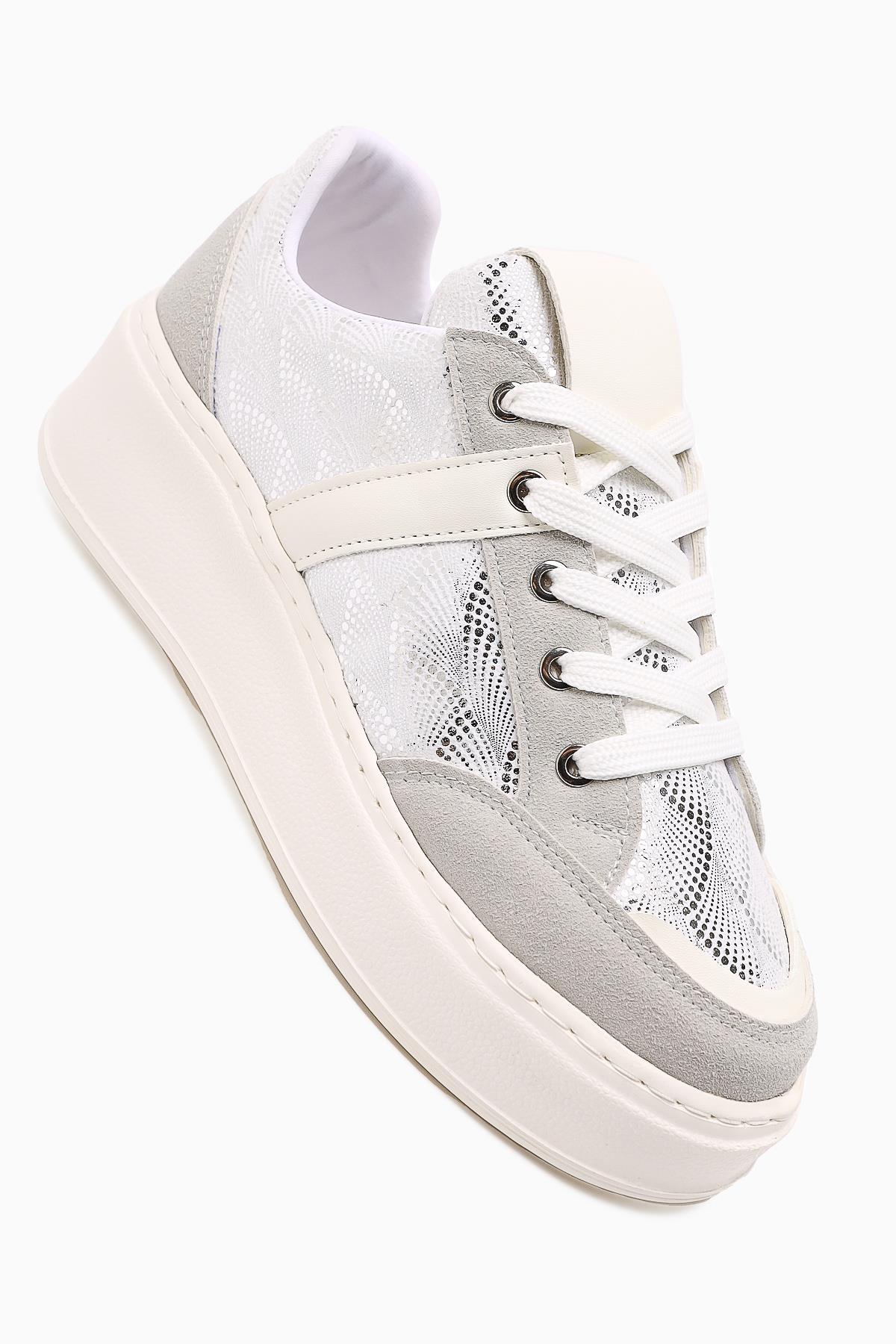 Julissa White Suede Shiny Patterned Thick Sole Women's Sneakers
