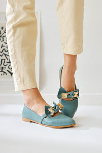 Joselin Turquoise Wrinkled Patent Leather Bow Accessory Ballerinas