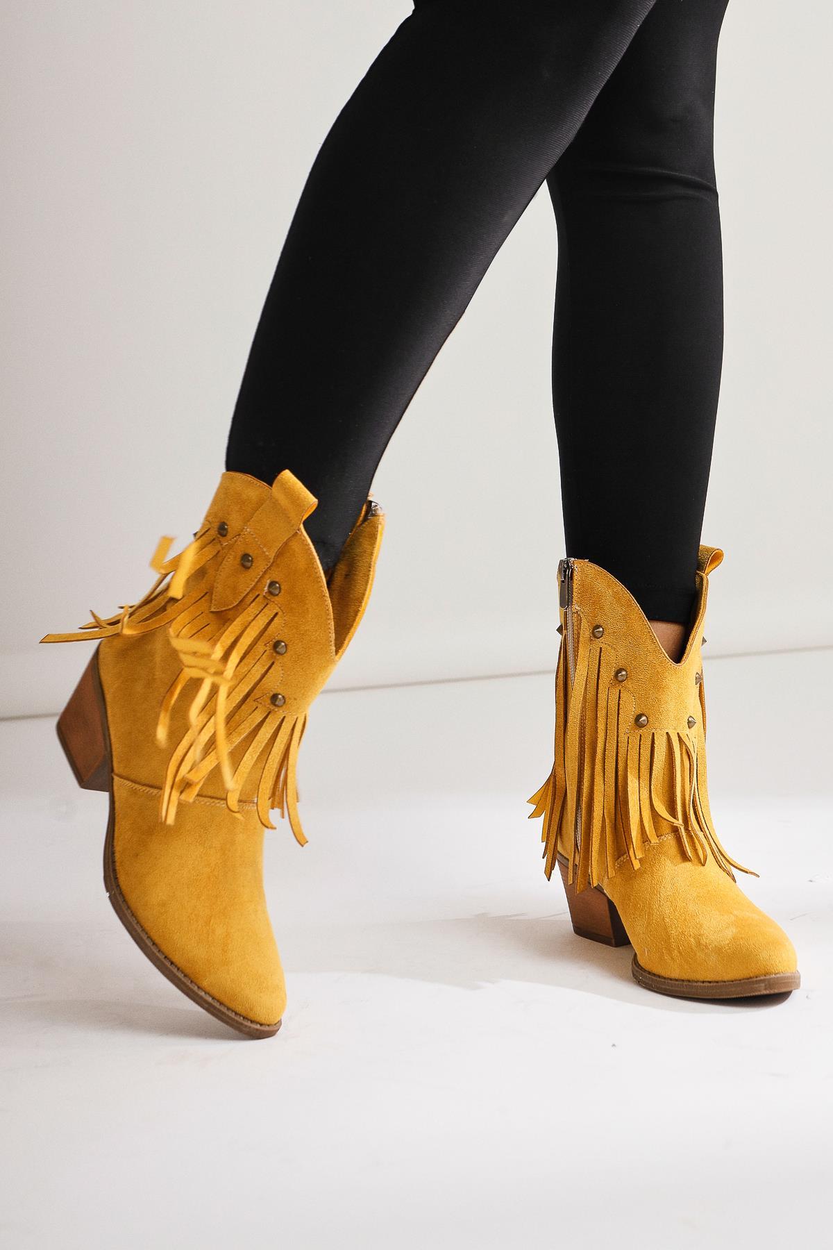 Lillebeth Yellow Suede Tassel Stud Detail Western Boots