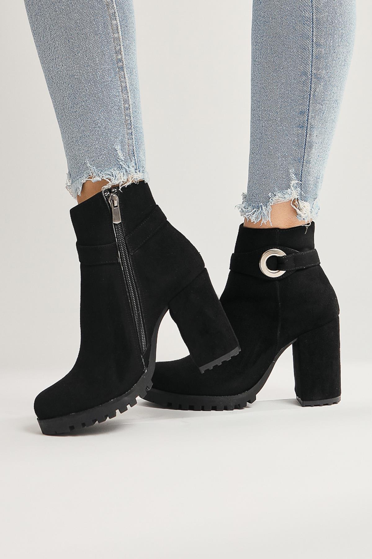 Destina Black Suede Oval Toe Ankle Accessory Heeled Boots