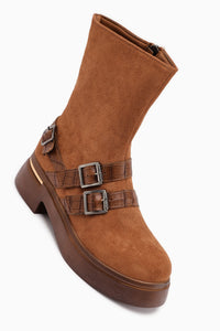 Mieke Tan Suede Double Buckle Zipper Women’s Boots
