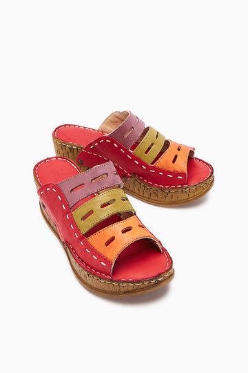 Echtes Leder Etta Rot Orange Grün Lila Laser Cut Damen Pantoletten