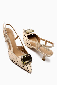 Ela Beige Pointed Toe Laser Cut Stone Women's High Heel Shoes