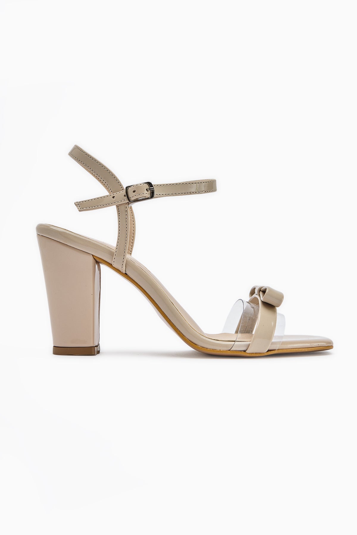 Joyce Nude Lackleder Dicke Absatz Knöchel-Bindung Schleife Damen Sandalen