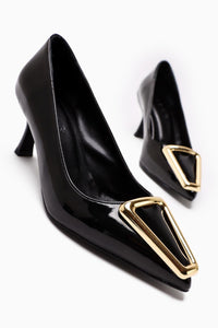 Carla Beige Patent Leather Pointed Toe Buckle Detailed Heeled Women's Shoes