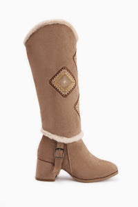 Hilka Beige Wildleder Abnehmbarer Schaft Ethnisches Muster Damen Stiefel