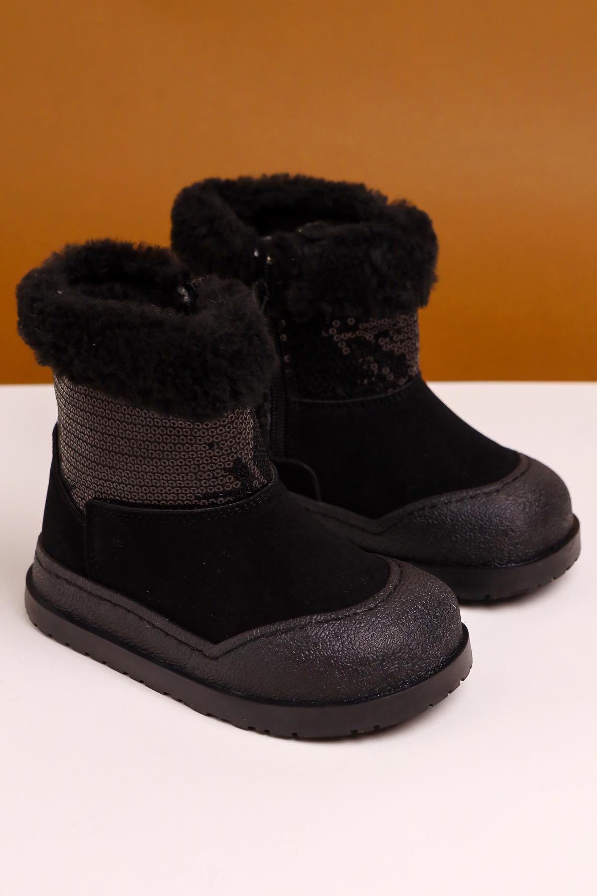 Hanne Black Suede Sequined Fur Lined Children's Boots