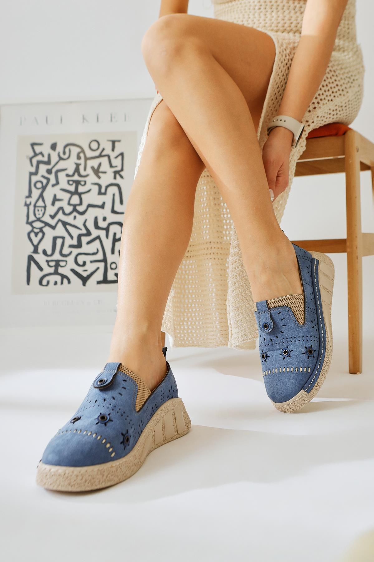 Bethina Blue Suede Rivet Detailed Laser Perforated Ballerinas