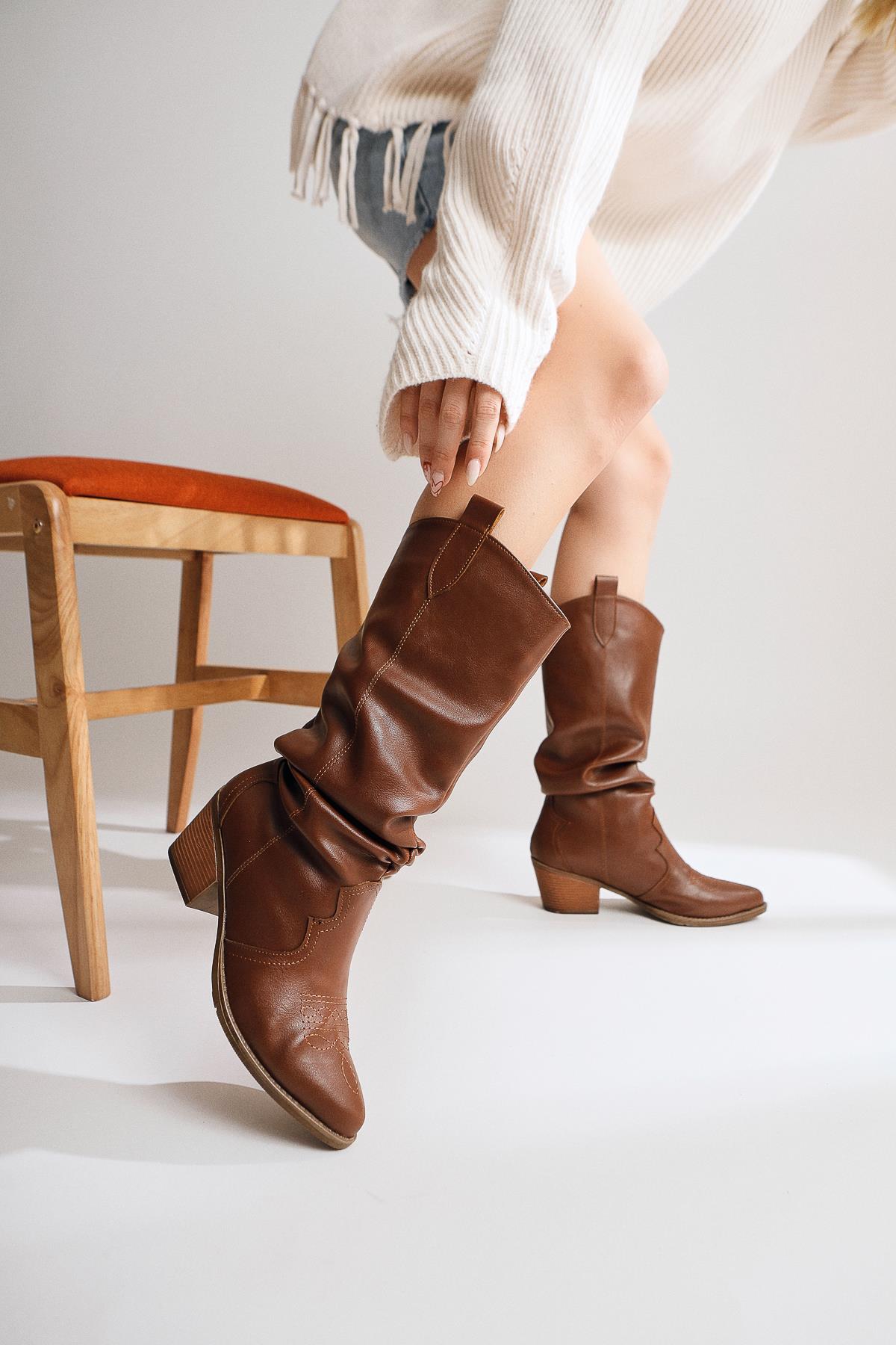 Lise-Britt Tan Gusseted Embroidered Western Boots