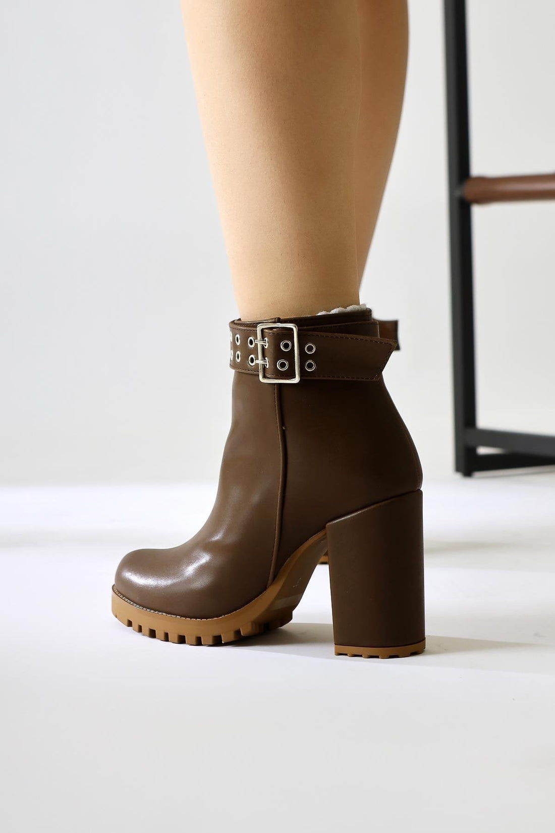 Jonny – Brown Buckle-Detail Oval-Toe Zipper Boot (Women)