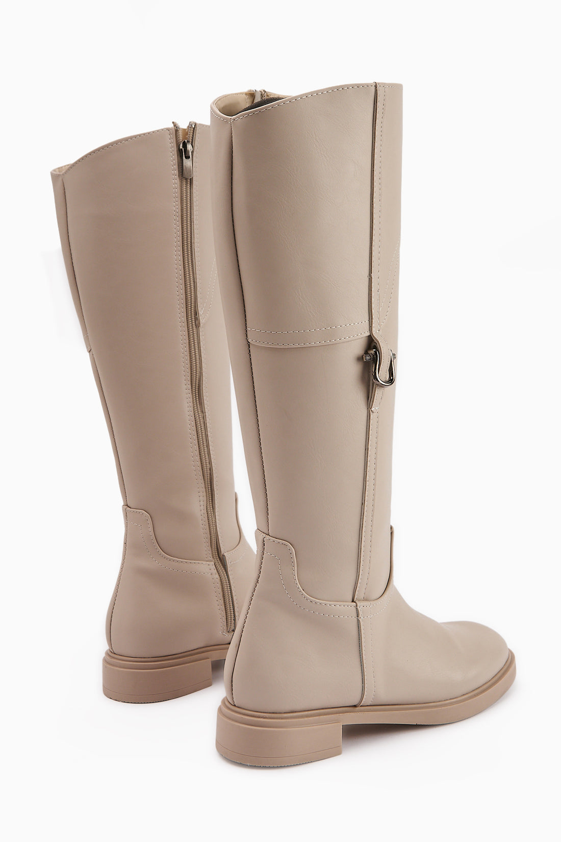 Caterine Beige Schnalle Detail Kurz Absatz Damen Stiefel