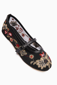Jolin Black Embroidered Buckled Women's Ballerinas