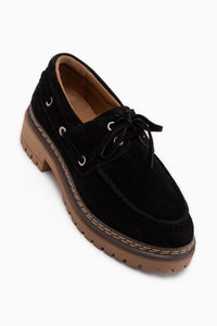 Matina Echtes Leder Schwarz Wildleder Schnürung Dicke Sohle Damen Loafer Schuhe