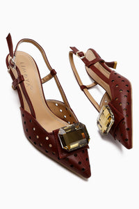 Ela Claret Red Pointed Toe Laser Cut Stone Women's High Heel Shoes