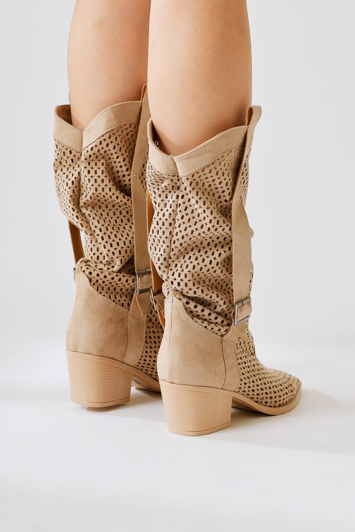 Orietta Nude Suede Laser Cut Pleated Summer Boot