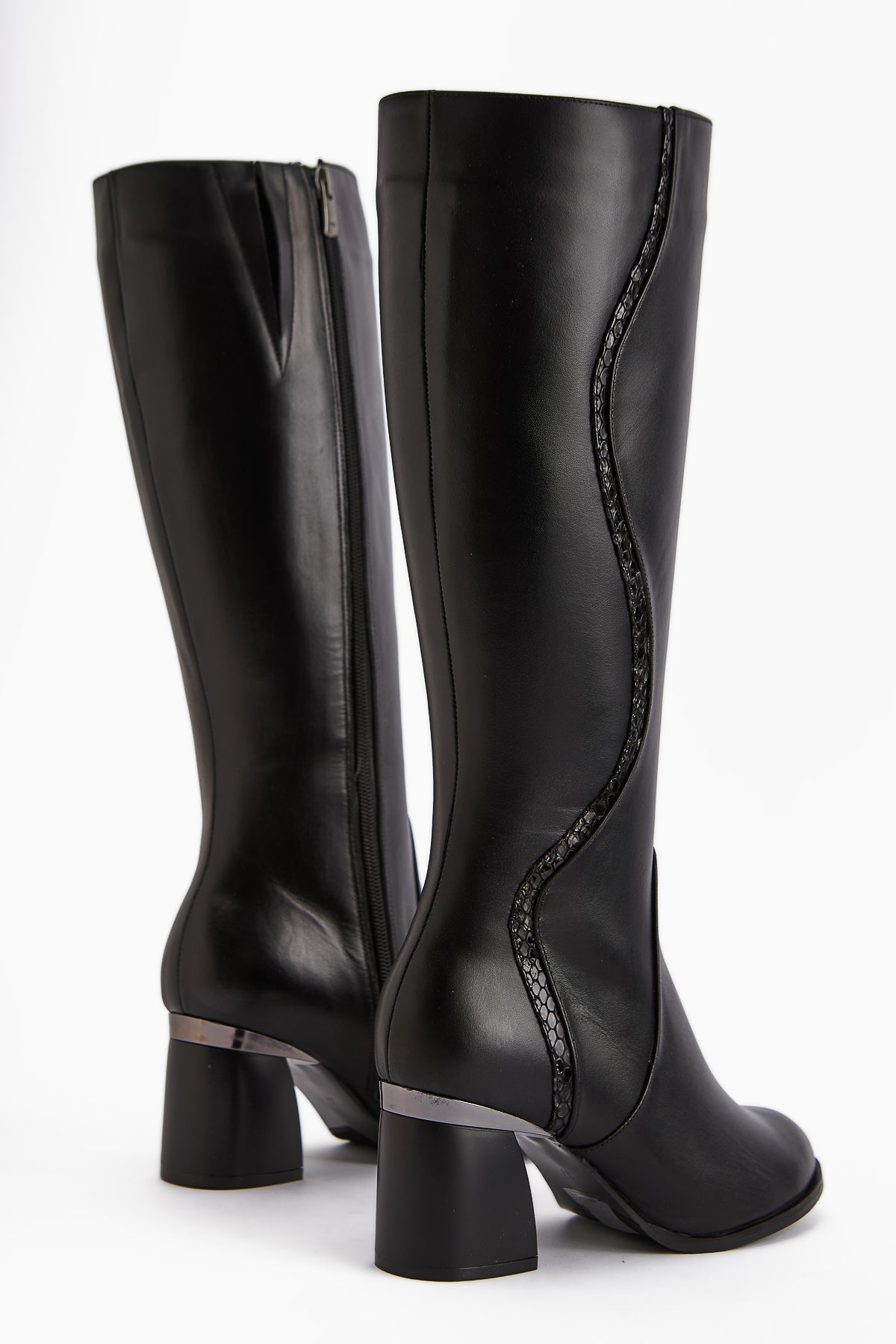 Kaylin Genuine Leather Black Heeled Boot with Snake Pattern Detail