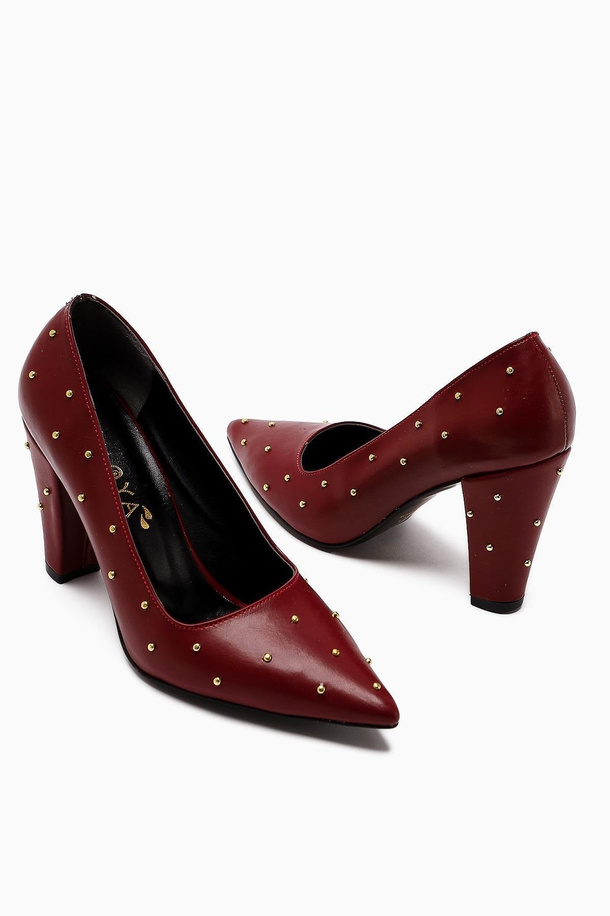 Audrey Claret Red Pointed Toe Studded Detailed Heeled Women's Shoes
